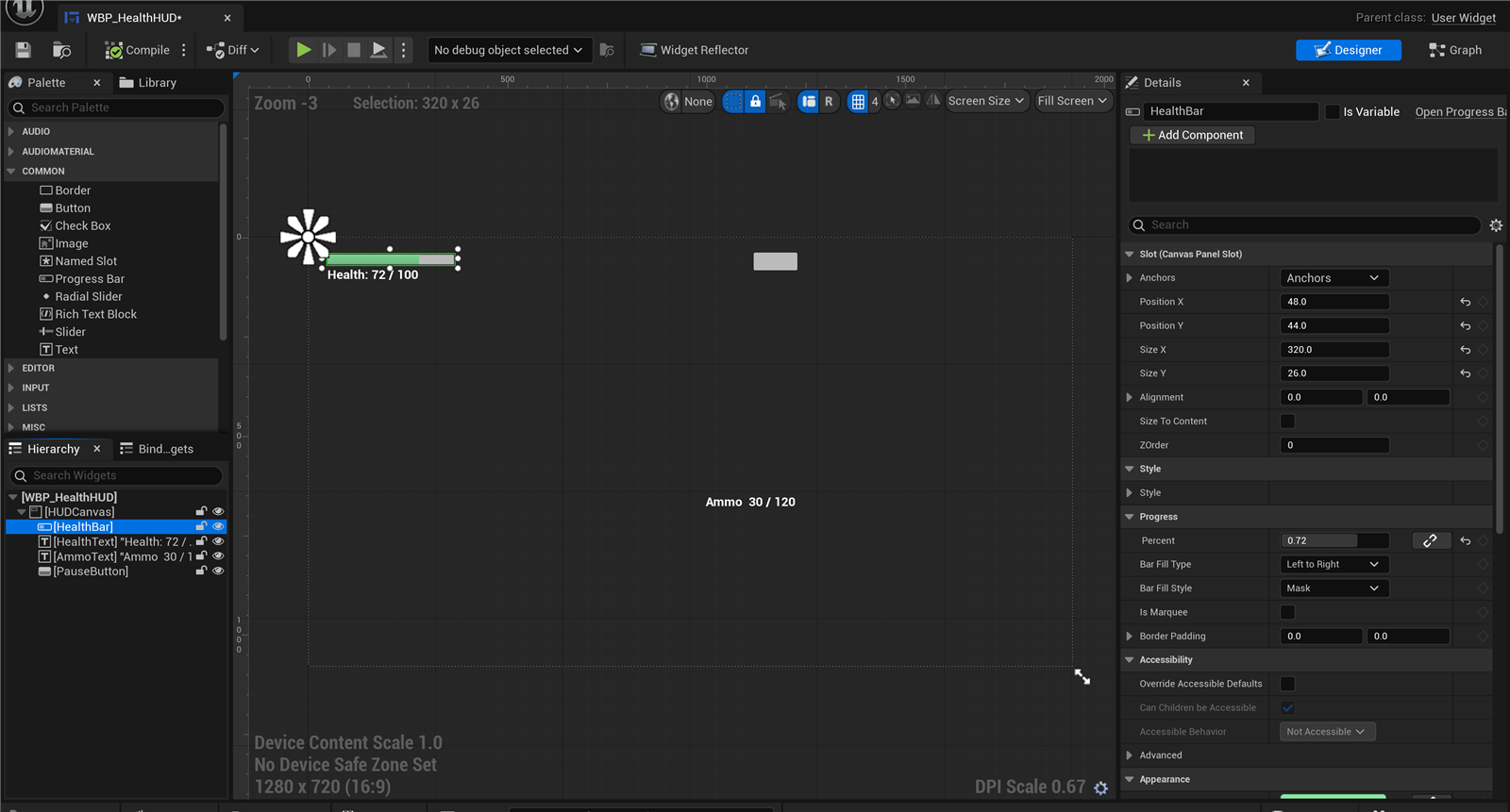 The UMG Designer in the Unreal Editor 5.8 for a health-HUD Widget Blueprint. On the left is the Palette (Border, Button, Check Box, Image, Progress Bar, Text and more) with the widget Hierarchy below it (WBP_HealthHUD, HUDCanvas, HealthBar, HealthText, AmmoText, PauseButton). The center canvas shows the HUD: a green health bar at 72 percent with the label Health 72 / 100, a button, and Ammo 30 / 120. On the right the Details panel shows the selected HealthBar's Canvas Panel Slot (position and size) and Progress settings (Percent 0.72, Bar Fill Type).