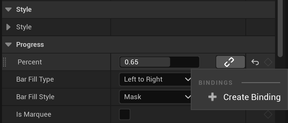The Details panel in the UMG Designer for a selected Progress Bar, showing the Progress section. The Percent property (0.65) has a highlighted chain-link Bind button next to it, and its dropdown menu is open showing a plus Create Binding option. Bar Fill Type and Bar Fill Style are below.