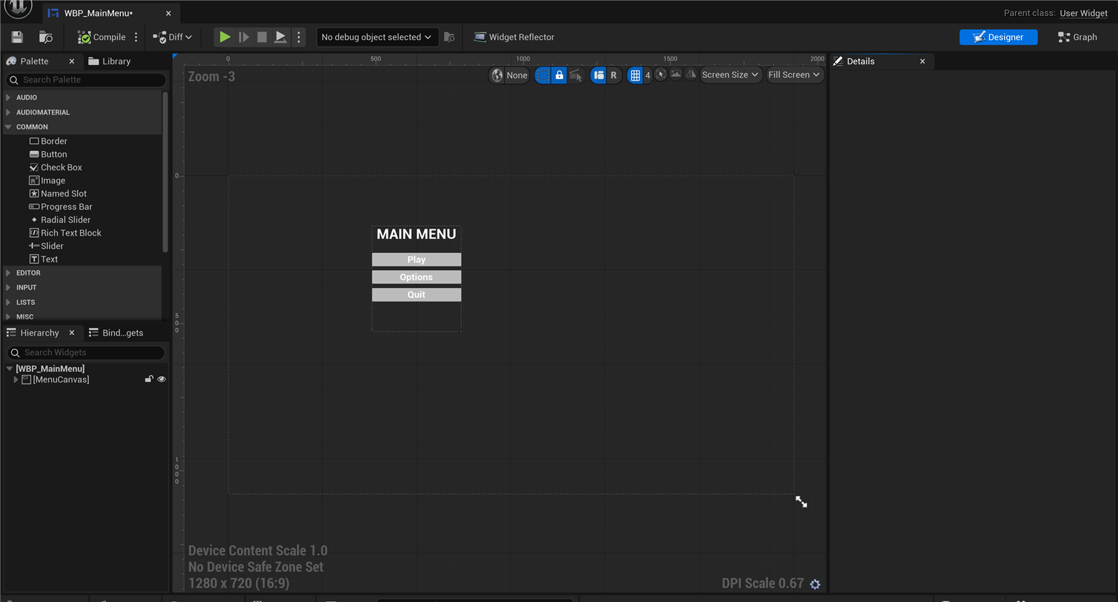 The UMG Designer in the Unreal Editor 5.8 showing a main-menu Widget Blueprint. The canvas displays a centered MAIN MENU title above a vertical stack of full-width buttons labelled Play, Options and Quit. The Palette is on the left, the widget Hierarchy below it, and the Details panel on the right.