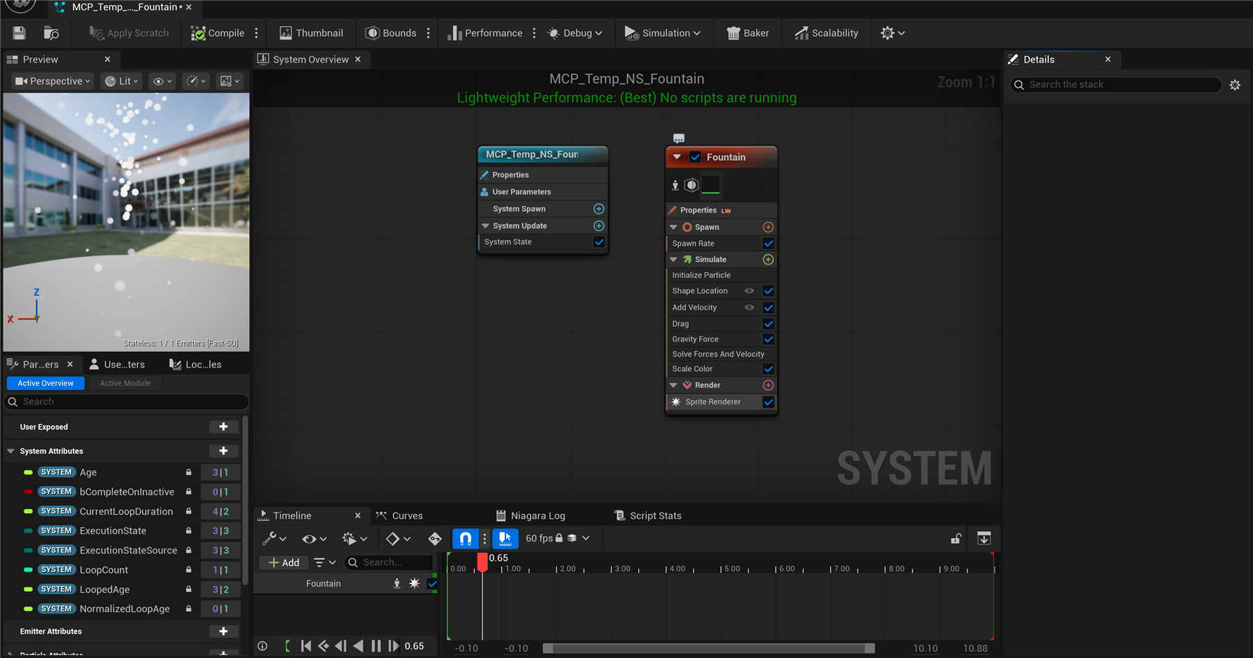 The Niagara Editor: the Preview viewport with a fountain playing, the System Overview graph showing the System node and the Fountain emitter stack, the Parameters panel, Details, and the Timeline
