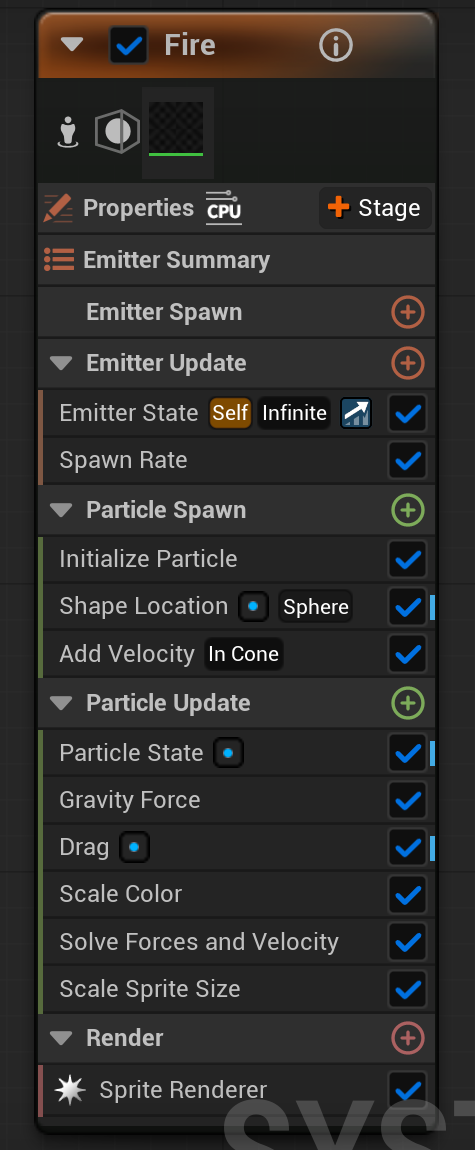 The Fire emitter module stack in the Niagara System Overview: Emitter Update with Spawn Rate; Particle Spawn with Initialize Particle, Shape Location (Sphere) and Add Velocity (In Cone); Particle Update with Gravity Force, Drag, Scale Color, Solve Forces and Velocity, and Scale Sprite Size; and a Sprite Renderer