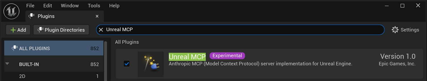 The Unreal Engine 5.8 Plugins browser filtered to 'Unreal MCP'. The Unreal MCP plugin tile shows a checked (enabled) checkbox, an Experimental badge, the description 'Anthropic MCP (Model Context Protocol) server implementation for Unreal Engine', Version 1.0, and the author Epic Games, Inc.