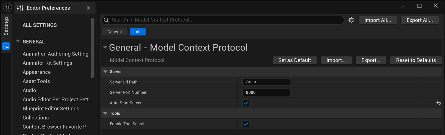 The Editor Preferences window with the Model Context Protocol section selected. The right panel shows a Server group with Server Url Path set to /mcp, Server Port Number set to 8000, and Auto Start Server checked, plus a Tools group with Enable Tool Search checked.