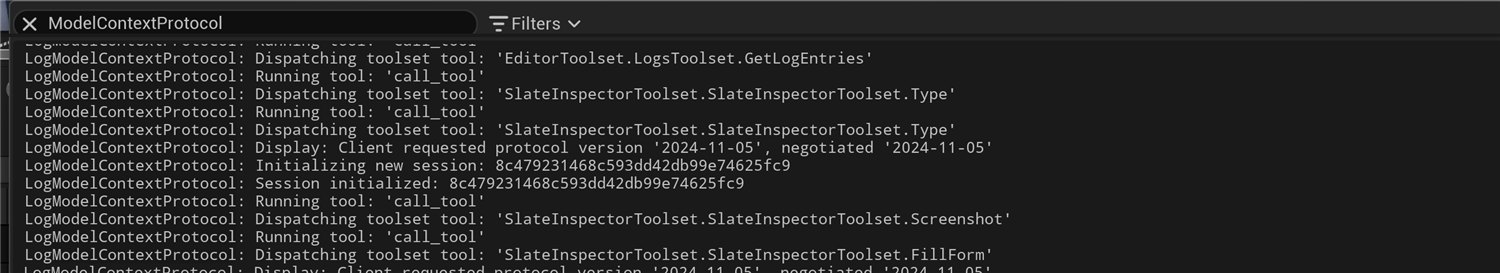 The Unreal Editor Output Log filtered to the ModelContextProtocol category. Entries show the server negotiating protocol version 2024-11-05, initializing and confirming client sessions, and dispatching toolset tools such as EditorToolset.LogsToolset.GetLogEntries and SlateInspectorToolset tools.
