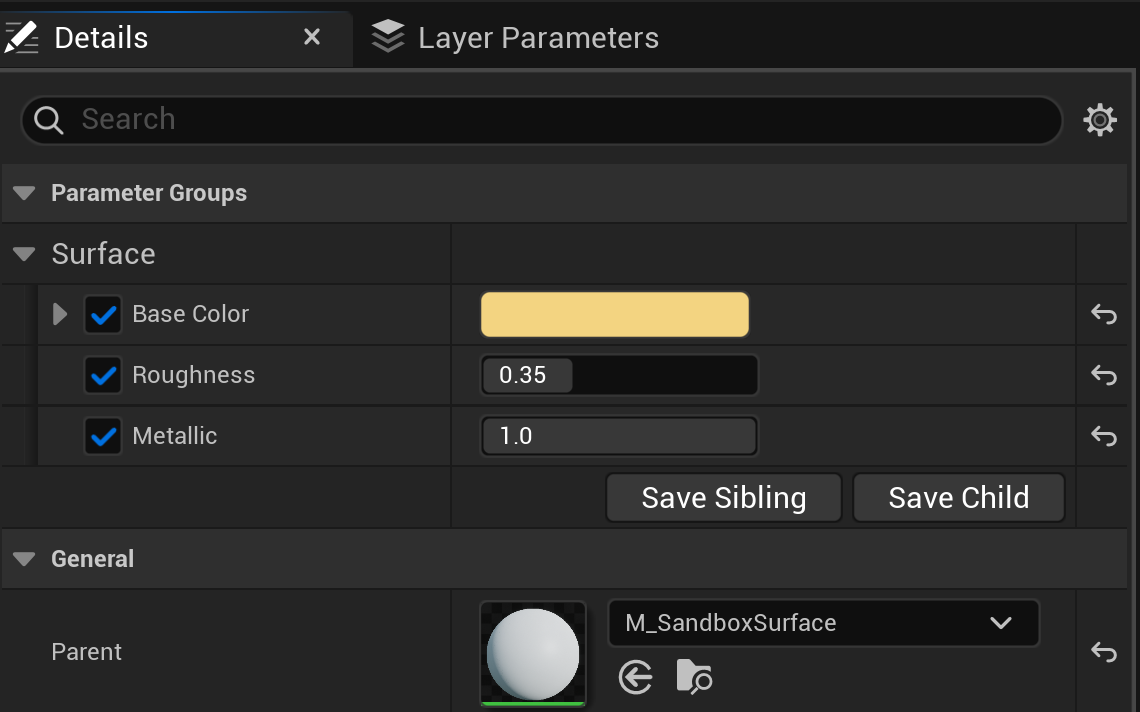 The Details panel of the brushed gold metal material instance. Under Parameter Groups, a Surface group lists three checked parameters: Base Color with a gold swatch, Roughness set to 0.35, and Metallic set to 1.0. Below, the General section shows the Parent set to M_SandboxSurface.